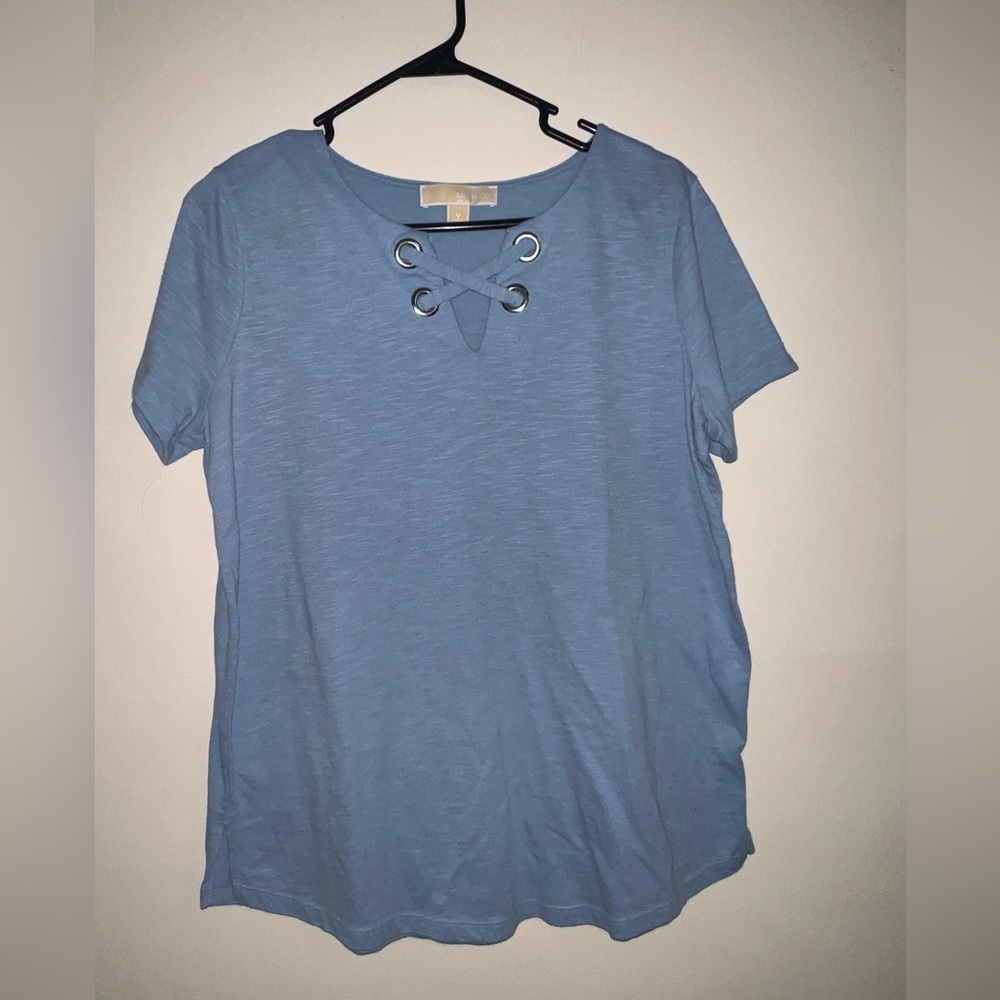 Michael Kors Lace Up Cross Neck Blouse light Blue medium